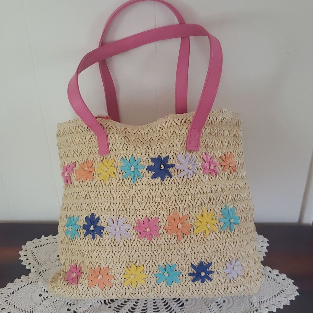 NWT Cat & Jack Straw (Paper) Lined Tote Bag with Colorful Stitched Floral Design